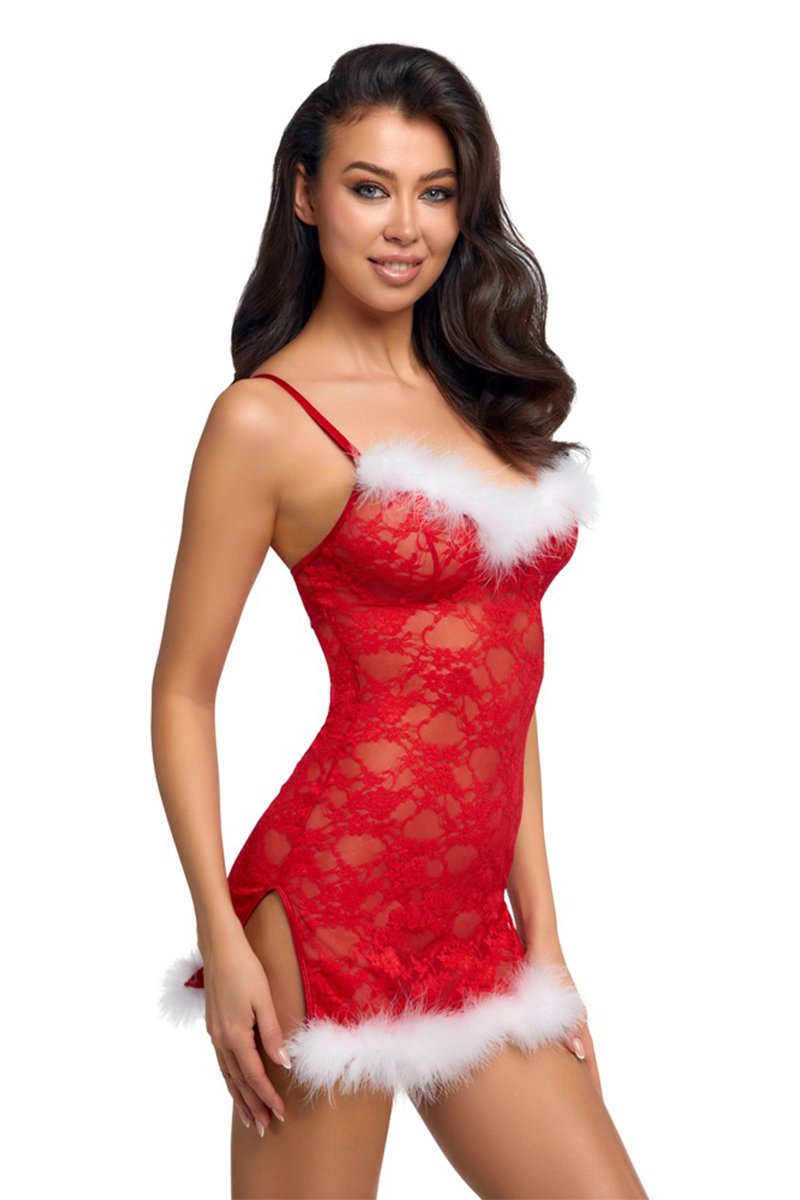 Déshabillé de Noël sexy femme – Dentelle rouge & plumes blanches | Cottelli Lingerie